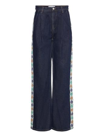 Embroidered Denim Pleated Jeans Bottoms Jeans Wide Navy Bobo Choses