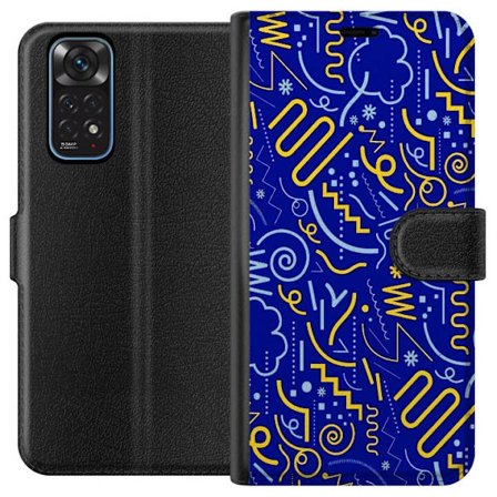 Kompatibel Tegnebogsetui til Xiaomi Redmi Note 11 Abstrakt grafisk mønster med linjer, former og symboler i gul og lyseblå