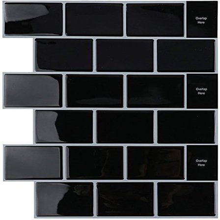 Peel and Stick Fliser for Kjøkkenvegg, 10-ark Svart Subway Kjøkkenfliser (12"×12")