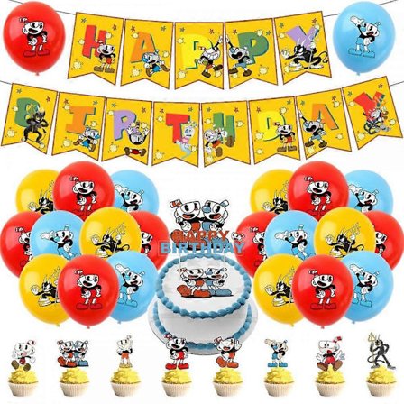 Cuphead-tema Festdekorationer Inkluderar Grattis På Födelsedagen Banner, Latexballonger, Tårta Topper