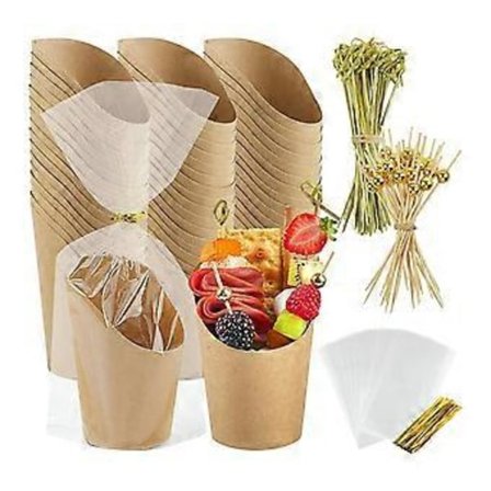 50 st Charcuterie-muggar med pinnar 42 cl, individuell hållare med 50 påsar + 50 etiketter + 200 cocktailpinnar