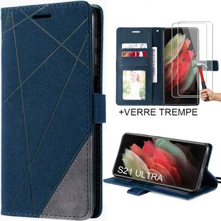 Syntetisk Læder Skal - BOOLING - til Samsung Galaxy S21 Ultra - Marineblå - 2 Styrk Glasskærme