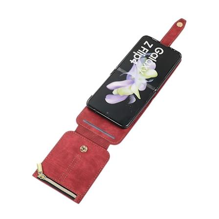 Læderetui Kompatibel Samsung Galaxy Z Flip 4 Med Kortslot & Crossbody Lanyard, Telefonpung Telefonpung Red