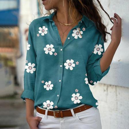 Print Långärmad Skjorta Lapel Chiffong Casual Blusar Toppar Grön L