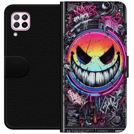 Kompatibelt Plånboksfodral till Huawei Huawei P40 lite Cyberpunk smiley med neonfärger, graffiti och futurisk techstil, edgy digital konst för game