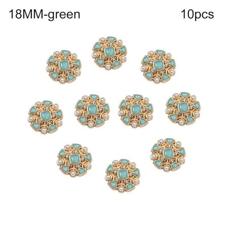 10 perlebeklædningsknapper, skjorteknapper, grøn, 18 mm, 10 perler, 10 grønne perler