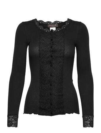 Organic Cardigan Ls W/Lace Strikket Trøje Cardigan Sort Rosemunde