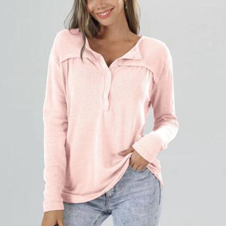 Damer Button Down Tunika Blus Waffle Pullover