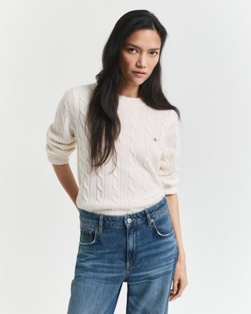 GANT Damen Lambswool Zopfstrick Rundhalspullover (L) Weiß