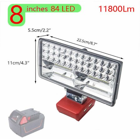 8 tommer LED arbejdslys med dobbelt USB-udgang til Milwaukee M18 18V Li-Ion batteri