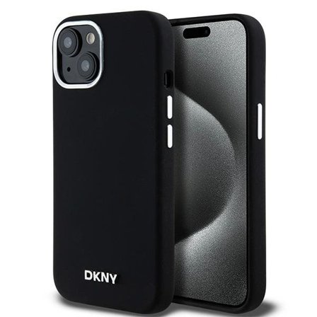 DKNY Liquid Silicone Small Metal Logo MagSafe-fodral för iPhone 15 Plus / 14 Plus - Svart