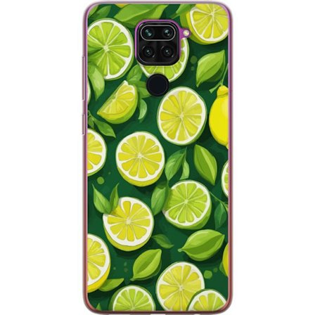 Yhteensopiva Puhelinkuori Xiaomi Redmi Note 9 Värikäs sitruskuvio, jossa limeä ja sitruunoita sekä vihreitä lehtiä tummanvihreällä taustalla