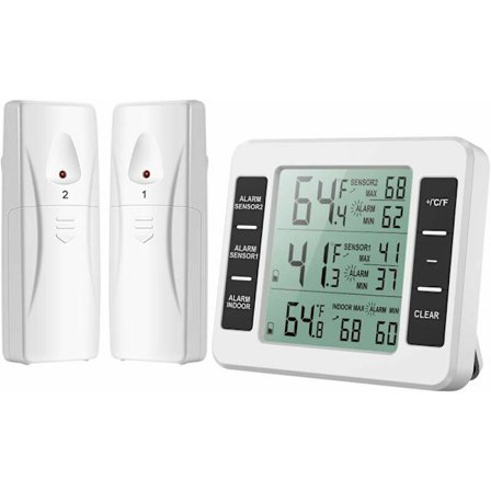 Køleskabs termometer, køleskabs termometer med fryser alarm, trådløs indendørs udendørs termometer med 2 sensorer, MIN/MAX og temperatur alarm, Connec
