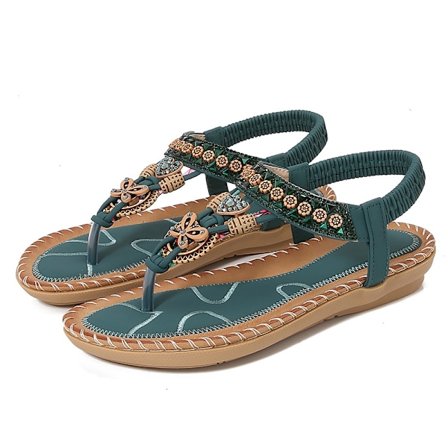 Bohemiska damsandaler sommar 2025 - Rund tå strass Flip-Flop platt komfort