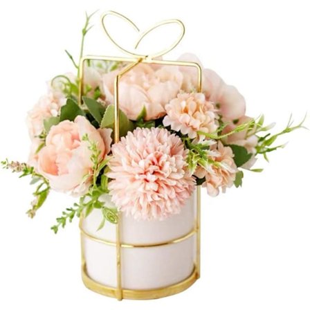 Kunstige blomster Kunstige pæon silke hortensia blomst med vase blomst dekoration arrangementer til bryllup dekoration bord midtpunkter (Pink med vase