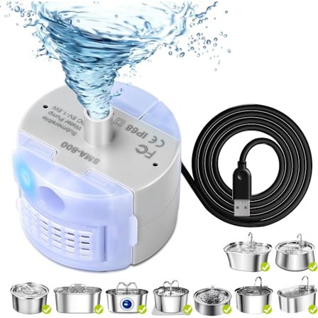 Katt Vannfontene Pumpe, DR-DC Erstatningspumpe for Rustfritt Stål Dyrevanndispenser, Ultra Stille Dyrefontene Pumpe, IP68 SMA-800 Neddykbar Motor
