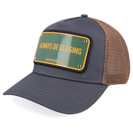 John Hatter & Co - Šedá trucker Kšiltovka - Always Be Closing Aluminium Plate Charcoal/Brown A-Frame Trucker @ Hatstore
