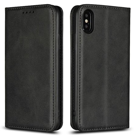 Sort Wallet Case, Premium Læder Case Folio Flip Cover med Støttefod og Trådløs Opladning