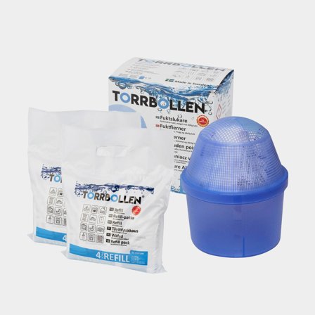Moisture absorber Torrbollen Original, effective area up to 14 m², refillable + 9 drying cartridges (9 x 450 grams)