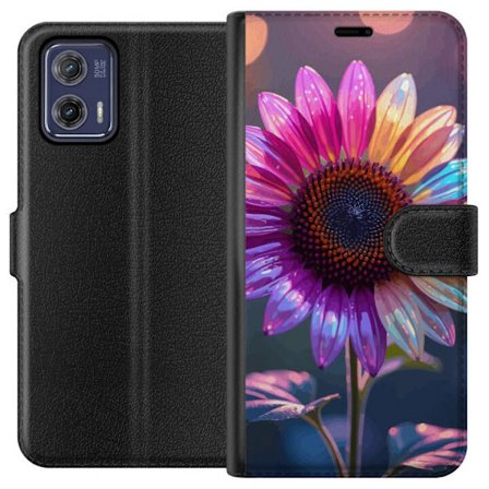 Kompatibelt Lommeboketui til Motorola Moto G73 Irideserende blomst med glitrende kronblad i rosa lilla og gull mot myk bokeh bakgrunn