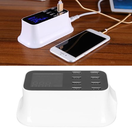 8-ports USB-ladestasjon med hurtiglading, LED-skjerm for flere enheter, smarttelefoner, nettbrett, 100‐240V EU-plugg