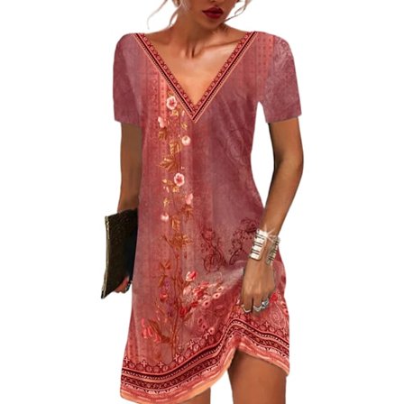 Naisten kesämekko kukallinen V-kaula-aukko lyhythihainen heimopainatus rento mekko etninen painettu mekko (Punainen S)