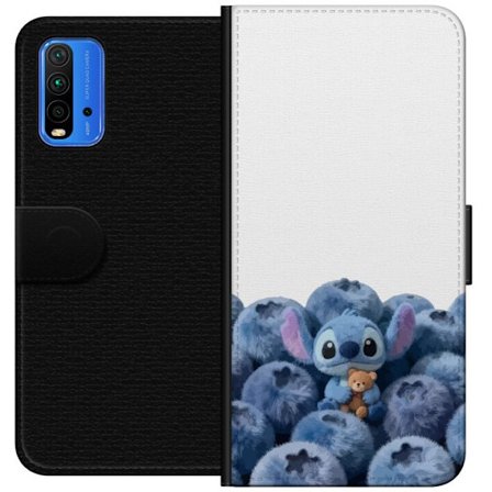 Yhteensopiva Lompakkokotelo Xiaomi Xiaomi Redmi Note 9 4G Söpö sininen hahmo mustikoiden joukossa, jossa on pehmeä ja leikkisä kuvitus sekä nalle