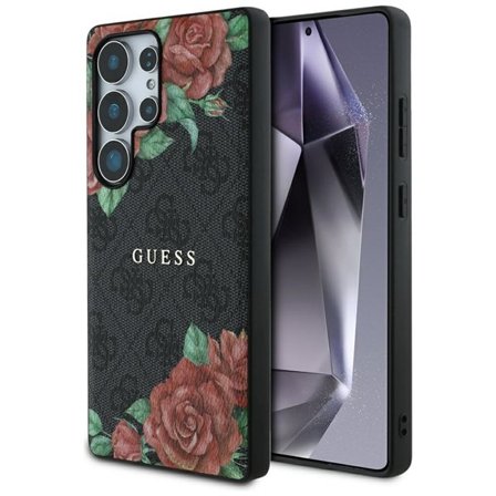 Guess Läder 4G Blommor Tryck Metall Classic Logo MagSafe Fodral för Samsung Galaxy S25 Ultra - Svart