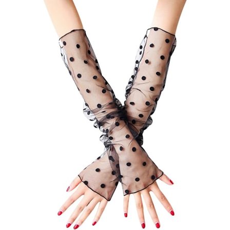 Svarte prikkete - lange blondehansker for damer, brudehansker, fingerløse blondehansker, lange operahansker for kvelden, brudealbuehansker, 