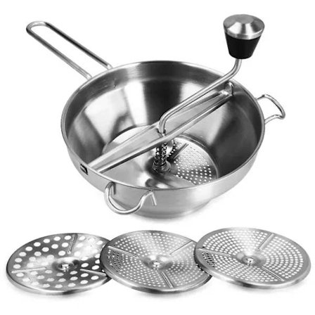 Rustfri sil med 3 silinnsatser - Matkvern for suppe, syltetøy, barnemat, sauser - 3 silinnsatser - Kvernepresse