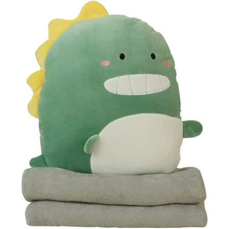Reiseteppe og pute, myk plysj dinosaur kosepute søt anime pute fylt dyreleketøy med korallfleece teppe, dinosaur