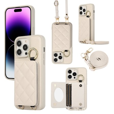 Etui til iPhone 16 Plus, hvit kortlomme crossbody lommebok