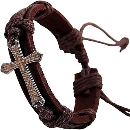 Læderarmbånd til mænd med kors og bibelsk tekst, justerbart armbånd, fødselsdagsgave til mænd og drenge (brun)