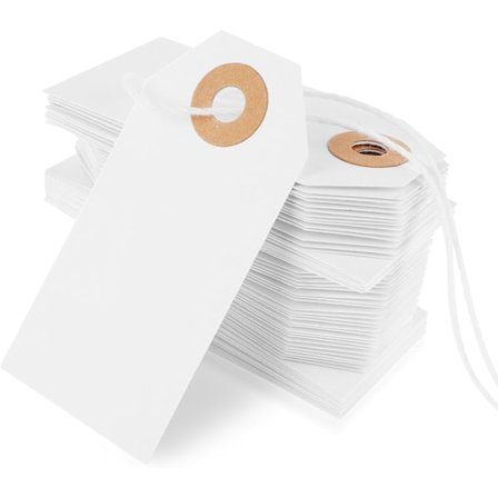 Pakke med 100 etiketter med hvit tråd, gavemerkelapp loppemarked kraftpappetikett med snorforsterket hull, prisskilt for klær