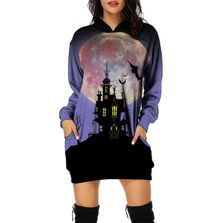 Kvinnor Långärmade Halloween Hooded Klänningar Med Fickor Pullover