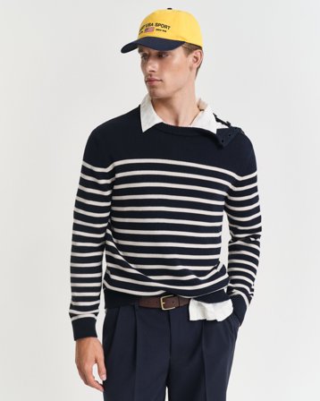 GANT Herren Baumwoll-Rundhalspullover mit Streifen (S) Blau