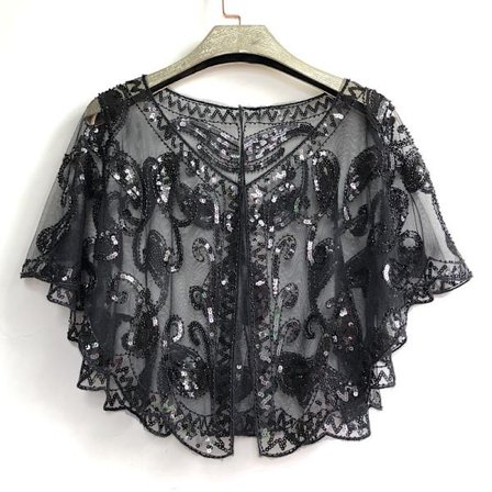 Kvinners 1920-talls paljettsjal, brudekappe, kveldskappe med perler, svart