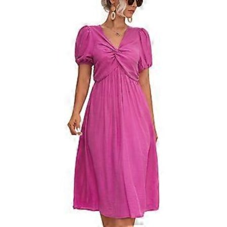 Kvinnors Klänning Twist Knyt V-ringad Kort Puffärm Lös Kant Casual Lång Klänning för Dagligt Bruk (XL Ros Röd)