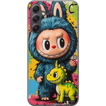 Yhteensopiva Puhelinkuori Samsung Samsung Galaxy A15 5G Söpö hahmo sinisessä hirviöasussa Labubu, jossa pieni keltainen dinosaurus värikkäässä