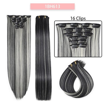 24 tum 16 clips i syntetiskt hårförlängning Lång rak frisyr Syntetbrun Svart hårstrån Värmebeständigt löshår
