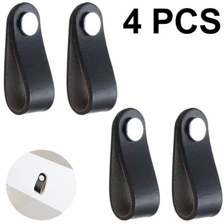 Pakke med 4 møbelgreb, lædergreb, møbelknopper, skabgreb, sort KLB