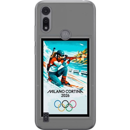 Kompatibelt Mobildeksel til Motorola Moto E6i Retroplakat Cortina Milano 2026 med fjell, vintersportsutøvere, italienske trikolor, Milano-katedralen o