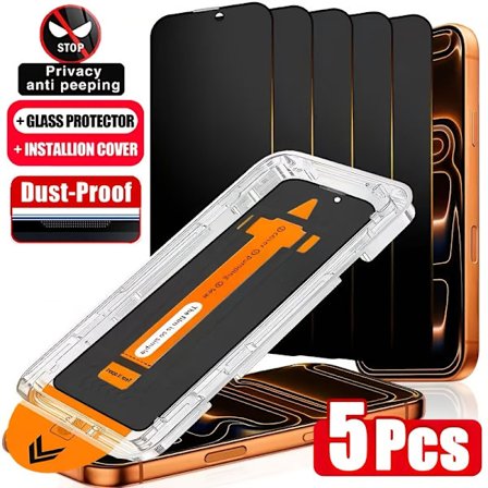 5 stk. fullstendig dekkende skjermbeskyttere i herdet glass med personvern for Iphone 17 Pro Max, 16 Pro Max, 17, 15 Pro, 17 Air, 16, 15, 14, 13, 12, 