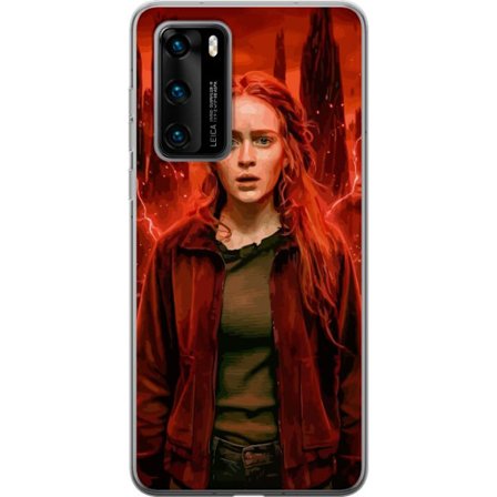 Kompatibelt Mobilskal till Huawei Huawei P40 Porträtt av en ung kvinna med rött hår i en apokalyptisk landskap, röda blixtar och mörka klippforma