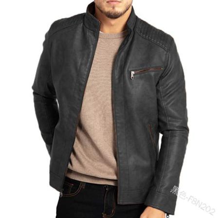 Läderjacka Med Ståkrage För Män Motorcykel Ytterkläder Black L