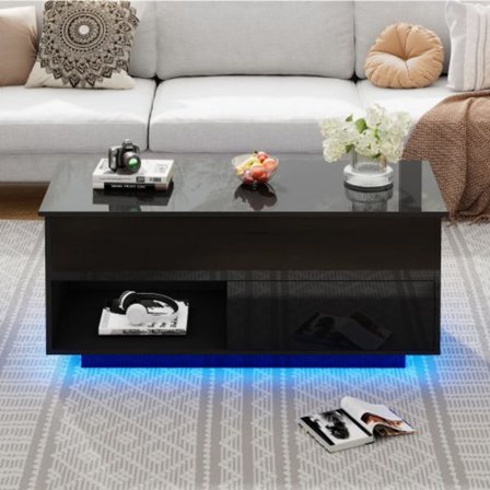 Modernt högglansigt svart lyftbord – 100 cm LED-bord med hydraulik & förvaring | Elegant vardagsrumsbord