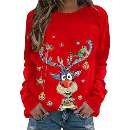 Langermet juletopp for kvinner, løse og komfortable O-hals gensere