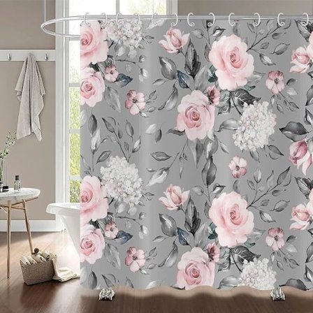 Bruseforhæng Blomster 180x200, Rosa Grå Blomstret Elegant Bruseforhæng Vintage Blomstret Akvarel Roser Vandtæt Badeforhæng Polyesterstof Vask