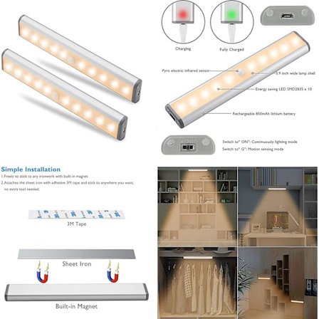 Bevegelsessensor skaplys, 10 LED trådløse underskapslys med innebygd lading