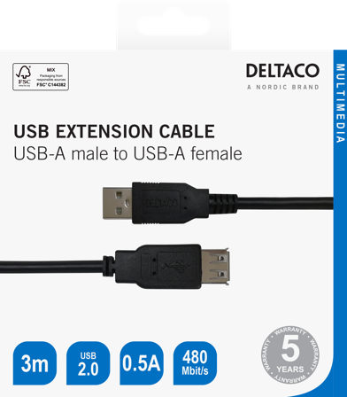 Deltaco USB extension cable, USB-A male - USB-A female, 3m black